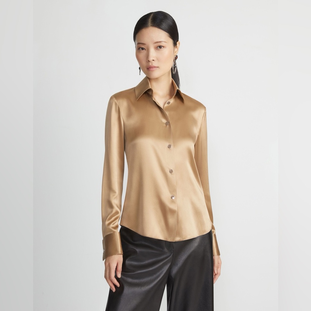 Lafayette 148 Silk Button Front French Cuff Blouse 2X Camel NWT $698